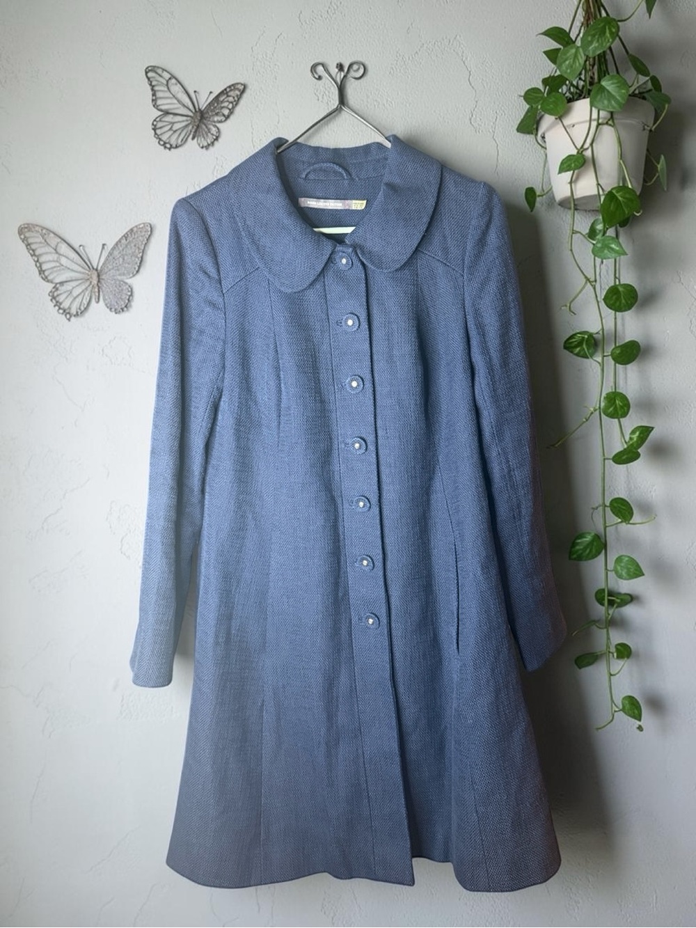 Boden Limited Edition Blue Cotton Trench Coat Peter Pan Collar Floral Lining 6